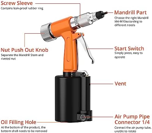 Pneumatic Rivet Nut Gun Hydraulic Air Riveter Blinding Riveting Nuts Tool with 5PCS Metric Mandrels M4 M5 M6 M8 M10, Pop Rivet Nut Gun Riveting Machine