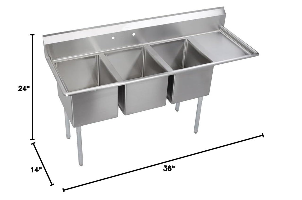 Elkay Foodservice 3 Compartment Sink, 76.5'X29.75' OA, 36' Working Height, 24X24 Bowl, 14 Deep, 9.75' Backsplash, Right 24' Drainboards, 8' On Center Faucet Hole, Galvinized Legs, Adjustable Feet, 16 Gauge 300 Series Stainless Steel, NSF Certified