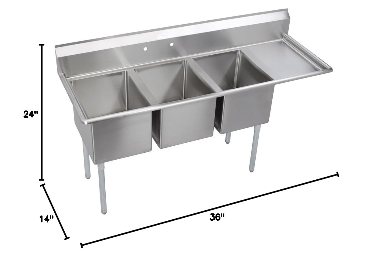 Elkay Foodservice 3 Compartment Sink, 76.5'X29.75' OA, 36' Working Height, 24X24 Bowl, 14 Deep, 9.75' Backsplash, Right 24' Drainboards, 8' On Center Faucet Hole, Galvinized Legs, Adjustable Feet, 16 Gauge 300 Series Stainless Steel, NSF Certified