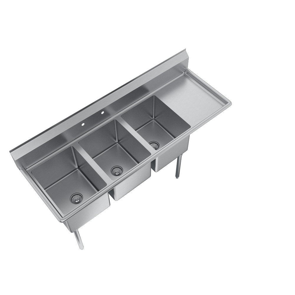 Elkay Foodservice 3 Compartment Sink, 78.5'X23.75' OA, 36' Working Height, 18X18 Bowl, 12 Deep, 10.75' Backsplash, Right 18' Drainboards, 8' On Center Faucet Hole, Galvinized Legs, Adjustable Feet, 16 Gauge 300 Series Stainless Steel, NSF Certified