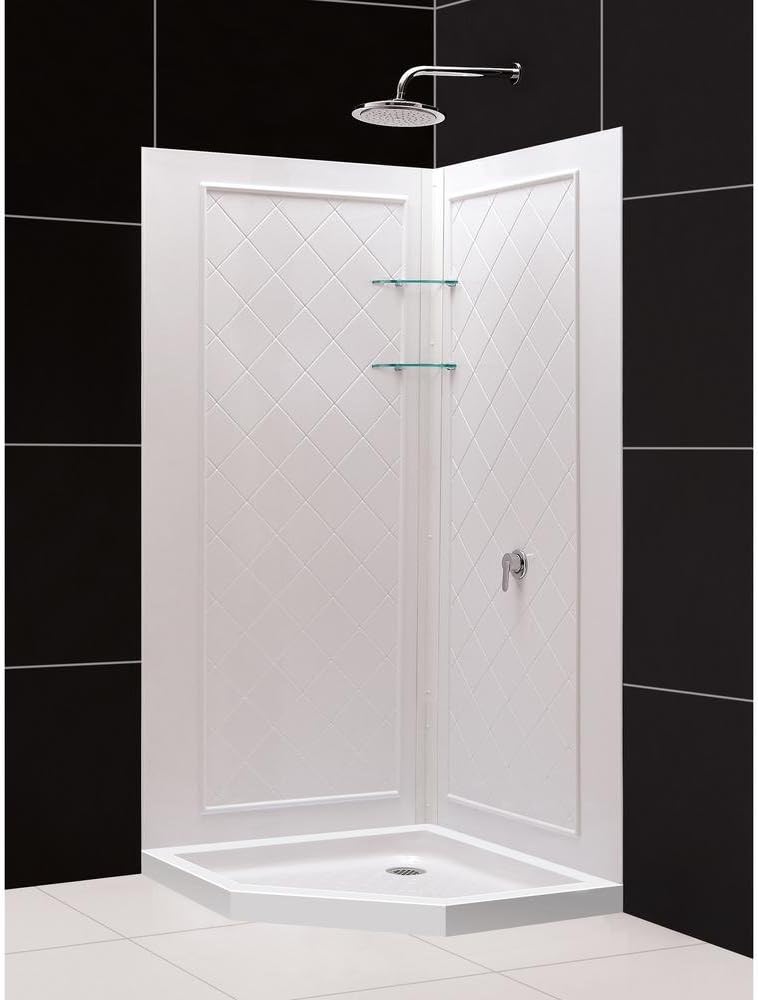 DreamLine 36 in. x 36 in. x 76 3/4 in. H Neo-Angle Shower Base and QWALL-4 Acrylic Corner Backwall Kit in White, DL-6044C-01
