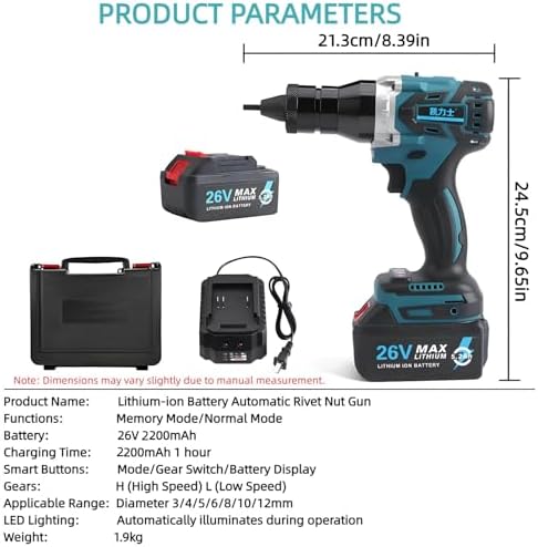 Cordless Electric Rivet Gun Set - 2-in-1 Automatic Riveter & Nut Gun with M3-M12 Capacity, Battery-Powered Tool, Includes 2 Batteries (5200mAh & 2200mAh) for Easy Pop Rivet Installation