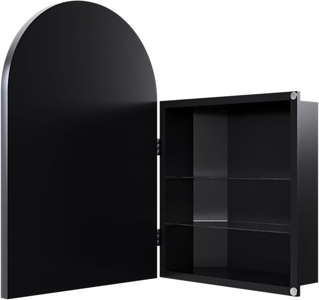 Corner Medicine Cabinet, Metal, Arched Mirror, 18x24 in | Metal construction, space-saving corner design, arched mirror door, adjustable tempered glass shelves, wall-mount ready