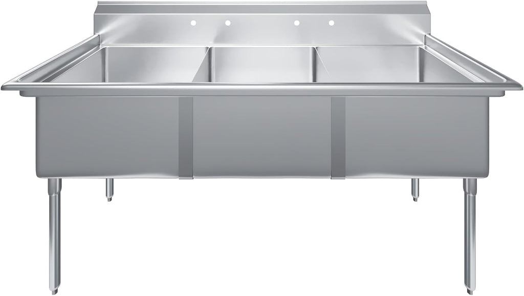 Three Compartment Stainless Steel Commercial Kitchen Prep & Utility Sink | Bowl Size 24' x 24' X 14' | NSF Certified (Size 78' x 30' x 43')