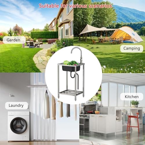 Freestanding Utility Sink,Freestanding Stainless Steel Sink,Large Kitchen Sink with Workbench, Outdoor Single Bowl Sink Mobiles Camping Commercial Sink with(Hot Cold Style-38x33x82cm