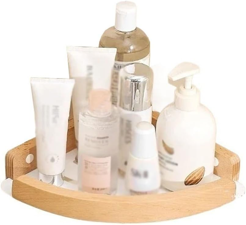Corner Shower Caddy Bathroom Shelves, Wall-Mounted Triangle Organizer with Wood Guardrail, Light Luxury Walnut Shelves for Kitchen and Bathroom Storage(Beech)