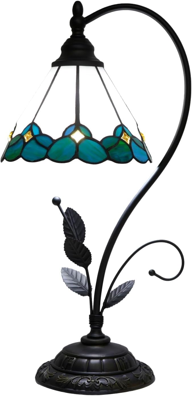 Vintage Green and White Tiffany Lamp Teal Countryside Leaf Style Stained Glass Table Lamp Living Room Bedroom Bedside Office Hotel Bar Kitchen Holiday Gift Small Space Home Decor Reading Desk Light