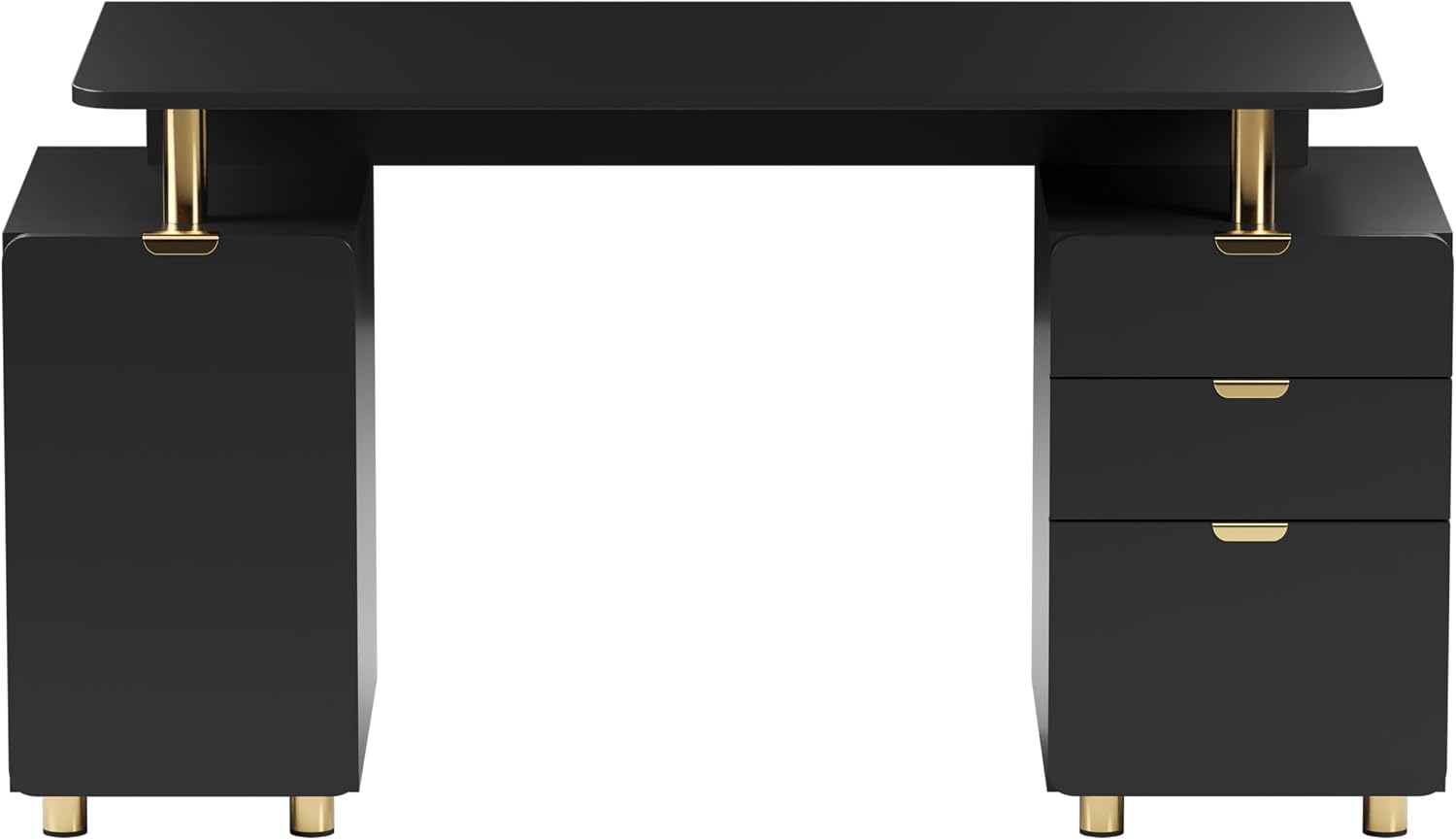Elegant 57' W Executive Desk with 3 Drawers and Storage Cabinet, Modern Office Desk with Gold Accents, Floating Work Surface, Closed Storage with Ventilation & Adjustable Shelf (Black,Gold)
