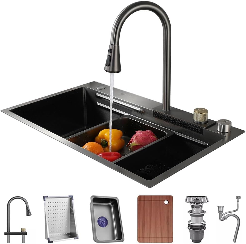 Kitchen Sink Stainless Steel Waterfall Sink with Pull Down Sprayhead Faucet Single Bowl Bar Sink Workstation Household RV Sink with Accessories (Color : Black, Size : 75x45x22cm) (Black 68x45x22c