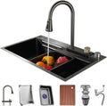 Kitchen Sink Stainless Steel Waterfall Sink with Pull Down Sprayhead Faucet Single Bowl Bar Sink Workstation Household RV Sink with Accessories (Color : Black, Size : 75x45x22cm) (Black 68x45x22c