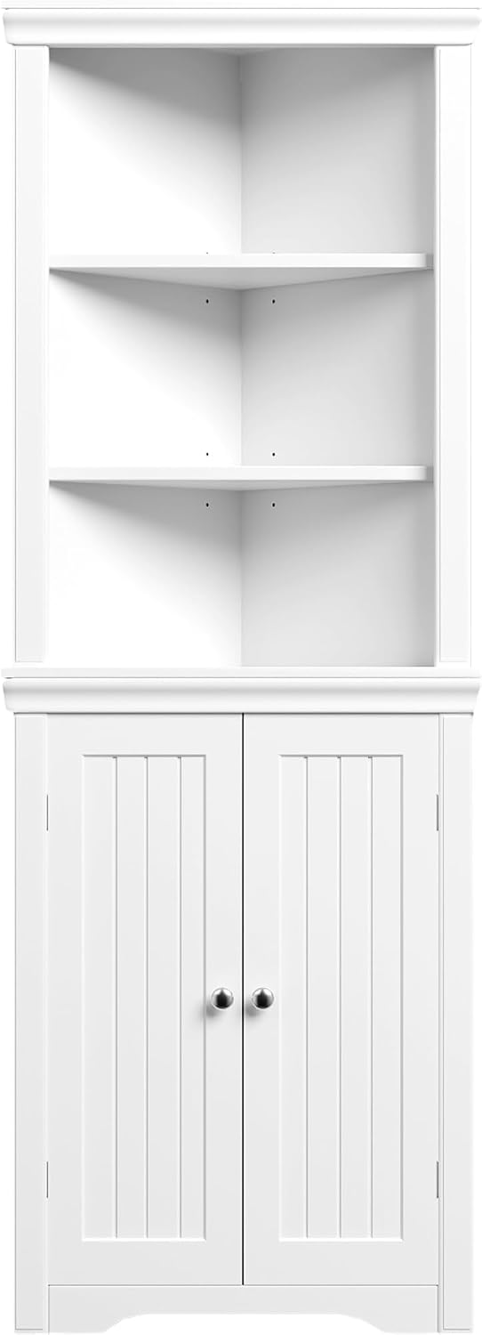 Furmax 62' Corner Cabinet, Bathroom Storage Cabinet with 6 Adjustable Shelves & 2 Doors, Freestanding Corner Shelf for Living Room, Bathroom, Kitchen (White)