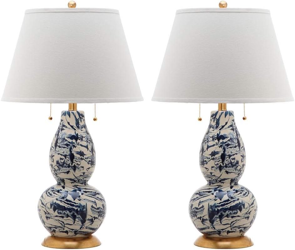 Safavieh Lighting Collection Color Swirls Glass Navy and White Table Lamp, Set of 2