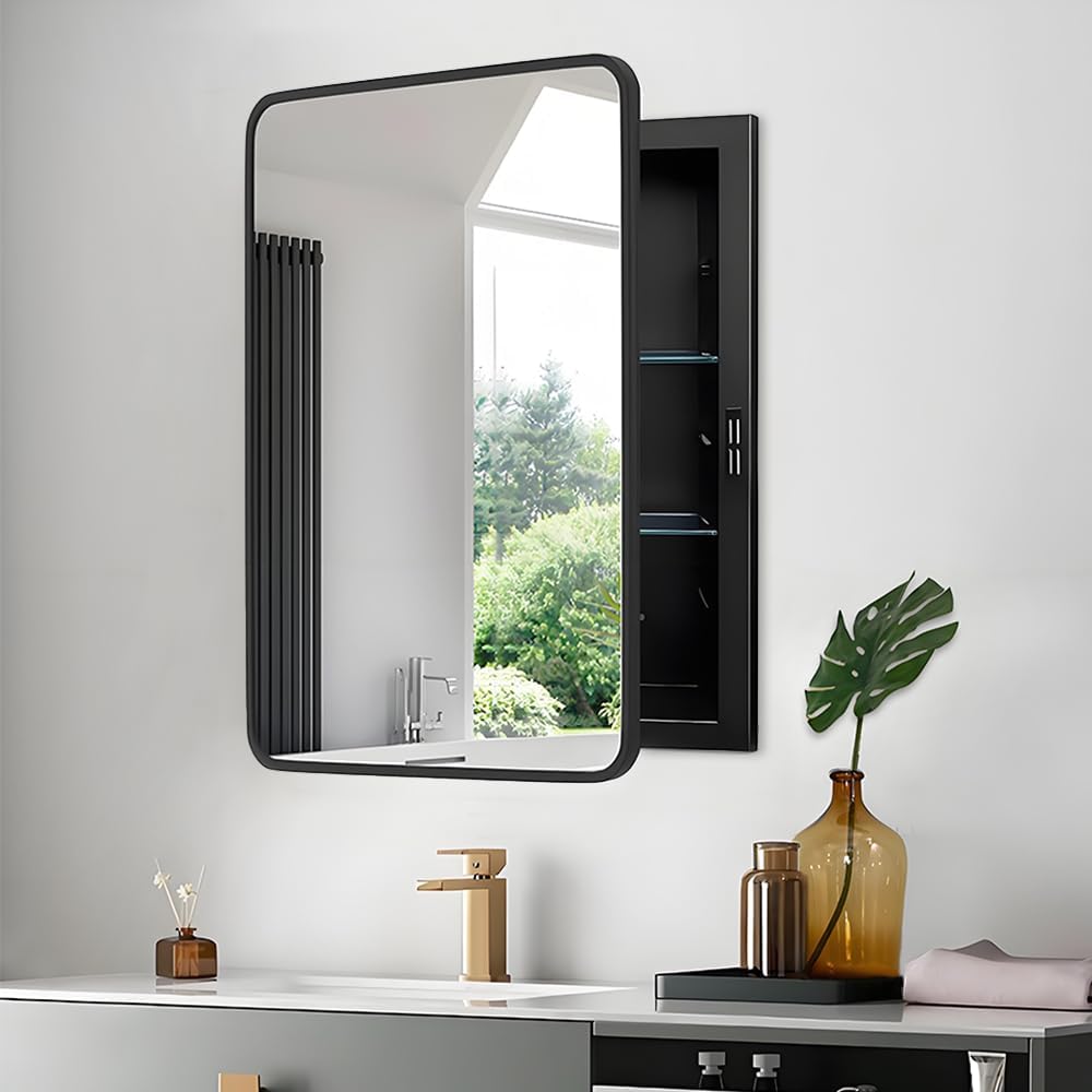 22'x30' Medicine Cabinet Mirror, Black Bathroom Cabinet with Mirror Wall-Mounted or Recessed, Bathroom Vanity Mirror with Storage, Solid Metal Frame, Adjustable Glass Shelves