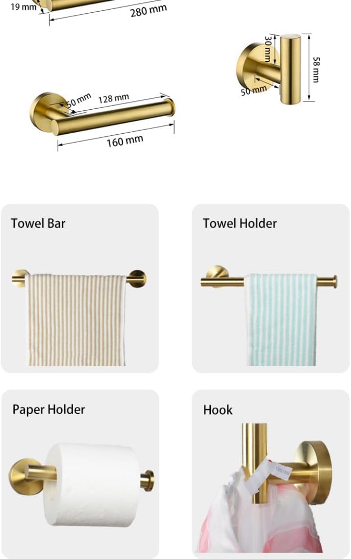 Brush Gold Bathroom Hardware Accessories Set Towel Bar Paper Holder Towel Ring Robe Hook Round Classic Bathroom Fittings,4 Piece kit 50cm
