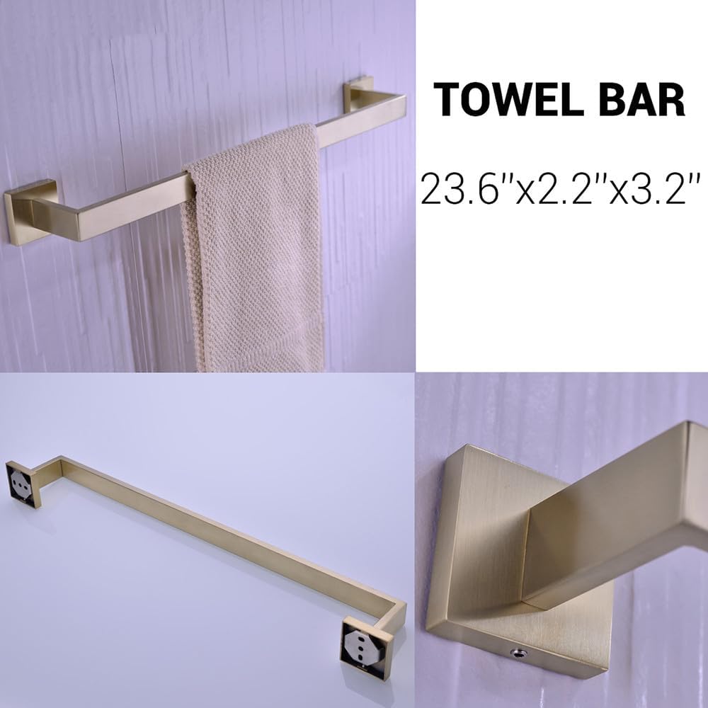 NevStp Bathroom Accessories Sets Brushed Gold Clothes Hooks for Wall Shelf Toilet Paper Holder Tissue Towel Rack Coat Hook Hanger Set,60cm Towel Bar