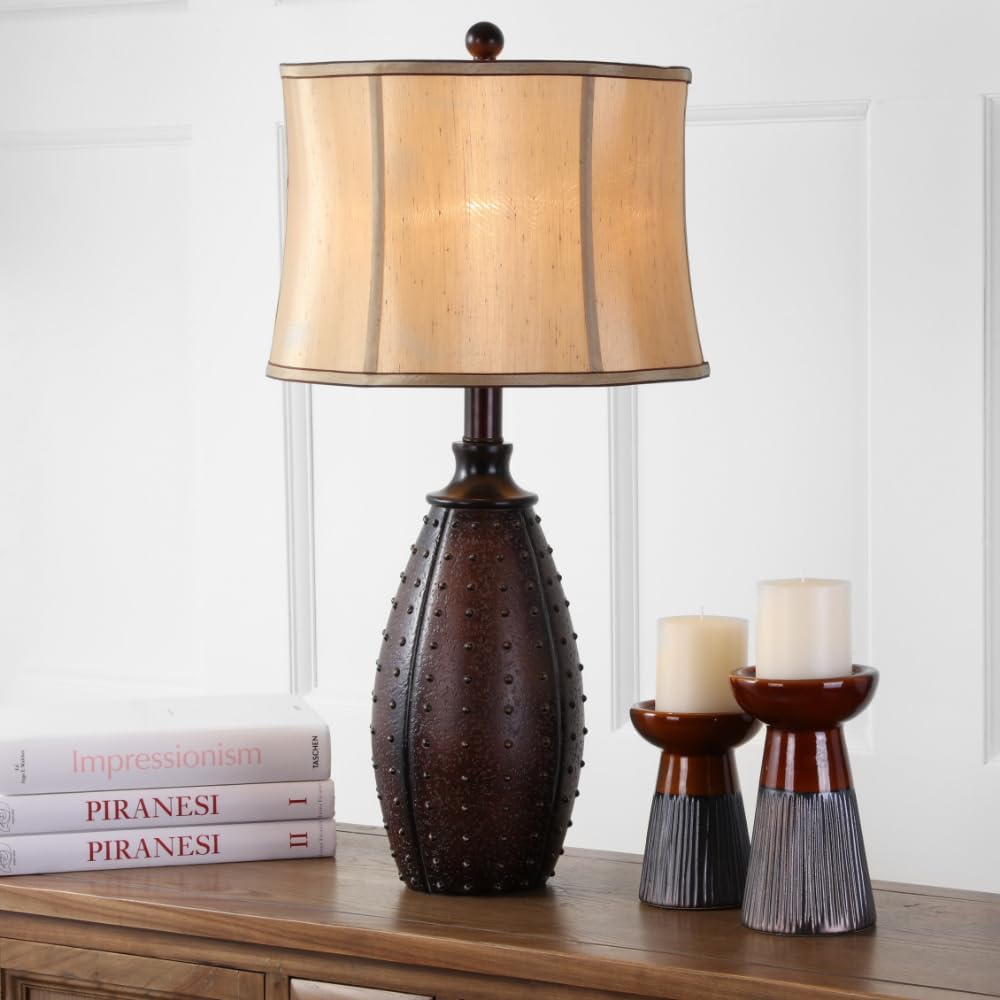 SAFAVIEH Lighting Collection Santa Fe Rustic Brown Studded Faux Leather 29-inch Bedroom Living Room Home Office Desk Nightstand Table Lamp Set of 2 (LED Bulbs Included)