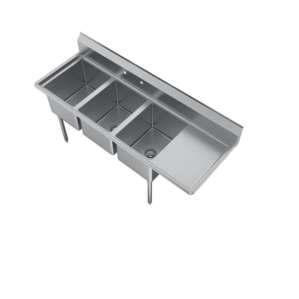 Elkay Foodservice 3 Compartment Sink, 54.5'X25.75' OA, 36' Working Height, 16X20 Bowl, 14 Deep, 9.75' Backsplash, Right 18' Drainboards, 8' On Center Faucet Hole, Galvinized Legs, Adjustable Feet, 16 Gauge 300 Series Stainless Steel, NSF Certified