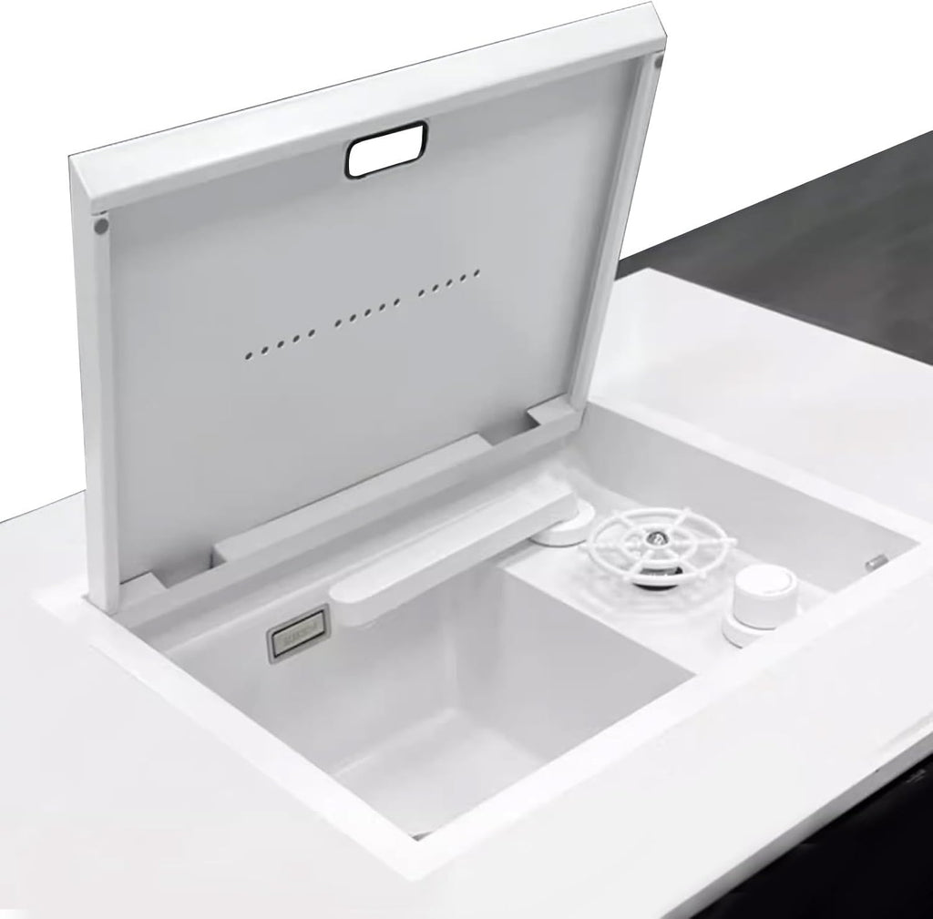Hidden Sink with Cover Liftable Faucet White Single Bowl Sink Stainless Steel Sink with Cup Washer Bar Sink (