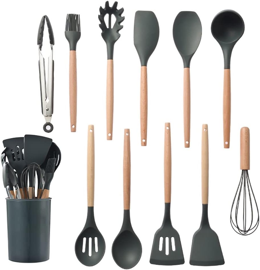 Silicone Kitchenware Cooking Utensils Set Non-stick Cookware Spatula Shovel Egg Beaters Wooden Handle Kitchen(D)