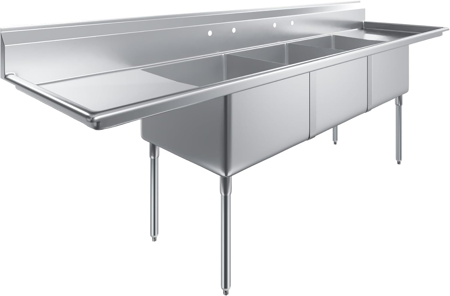 3 Compartment Stainless Steel Commercial Sink with Dual Drainboards | 24' x 24' x 14' Bowls | 120' Wide | NSF | Restaurant Prep & Utility Wash Station