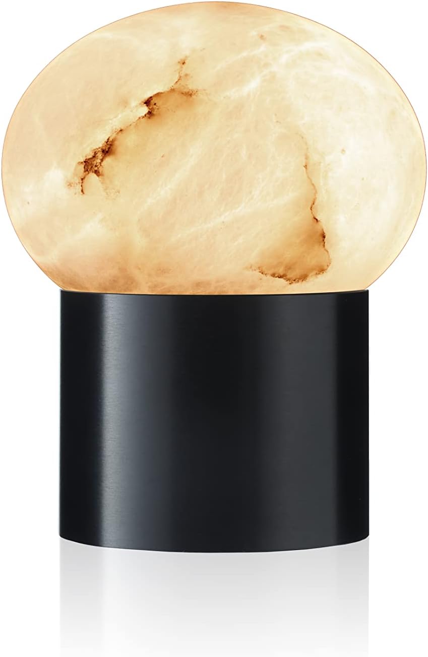 Handcrafted Natural Alabaster Unique Stone Table Lamp with Metal Stand, Mini LED Modern Stone Box Desk Lamp with Unique Veining(3.93x4.7 Inch)