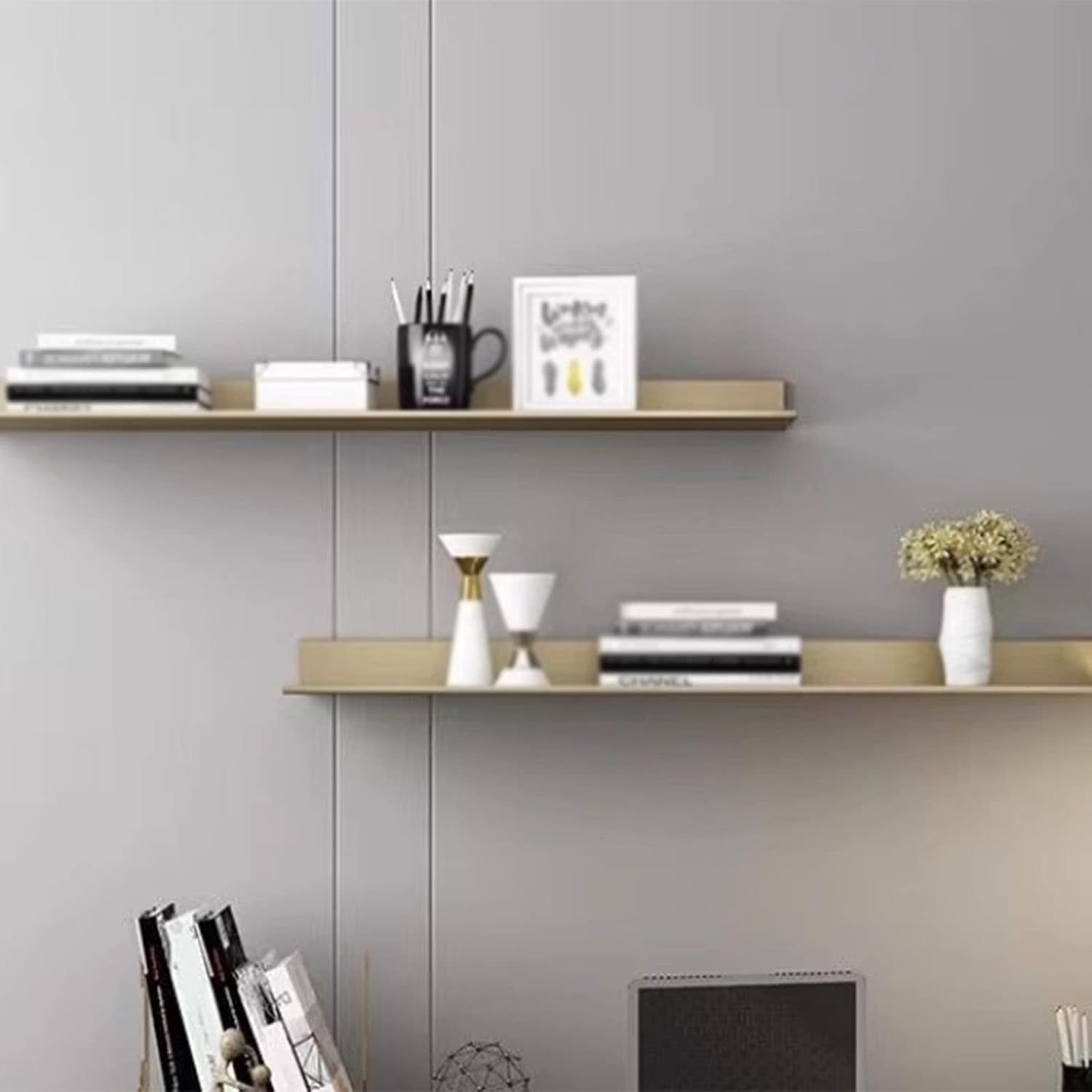 Floating Wall Shelves, All-Aluminum Illuminated Shelf Wall-Mounted with Lights Partition Simple Bookshelf Wine Rack (Gold-60x23cm