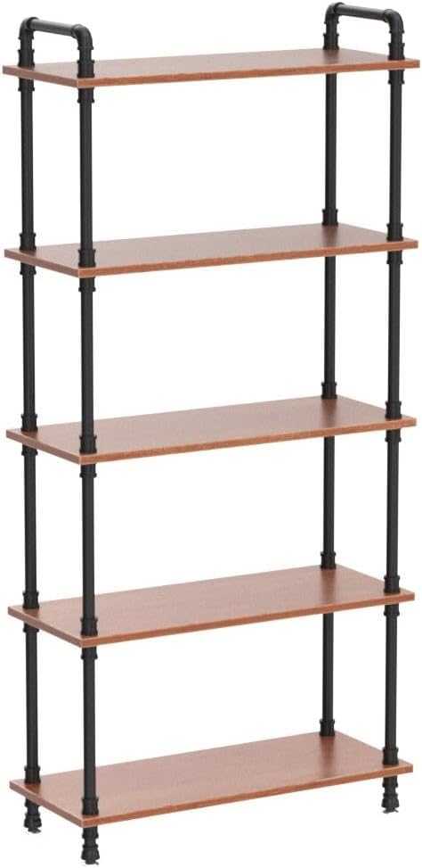 Industrial Bookshelf, Rustic Open Bookcase, 5 Tier Wood and Metal Bookshelf, Solid Pine Wood and Iron Pipe Tall Narrow Storage Shelf for Living Room Bedroom Office Kitchen