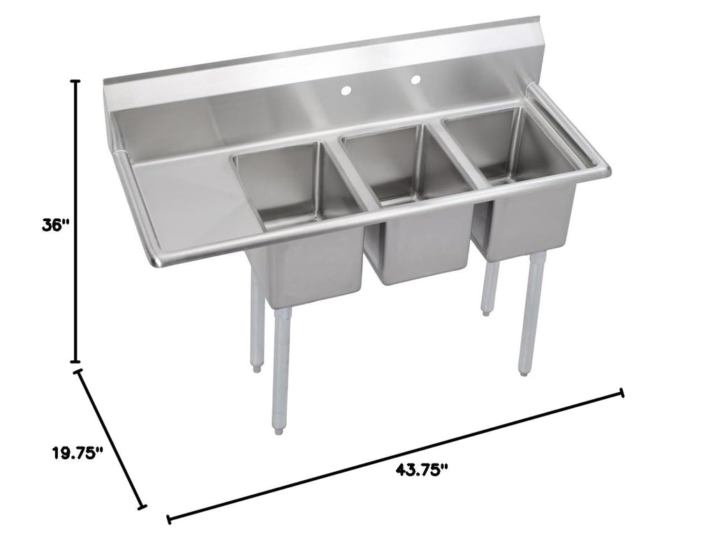 Elkay Foodservice 3 Compartment Sink, 48.5'X19.75' OA, 36' Working Height, 10X14 Bowl, 10 Deep, 10.75' Backsplash, Left 12 Drainboards, 8' Faucet Hole, Galvinized Legs, 16 Gauge Stainless Steel