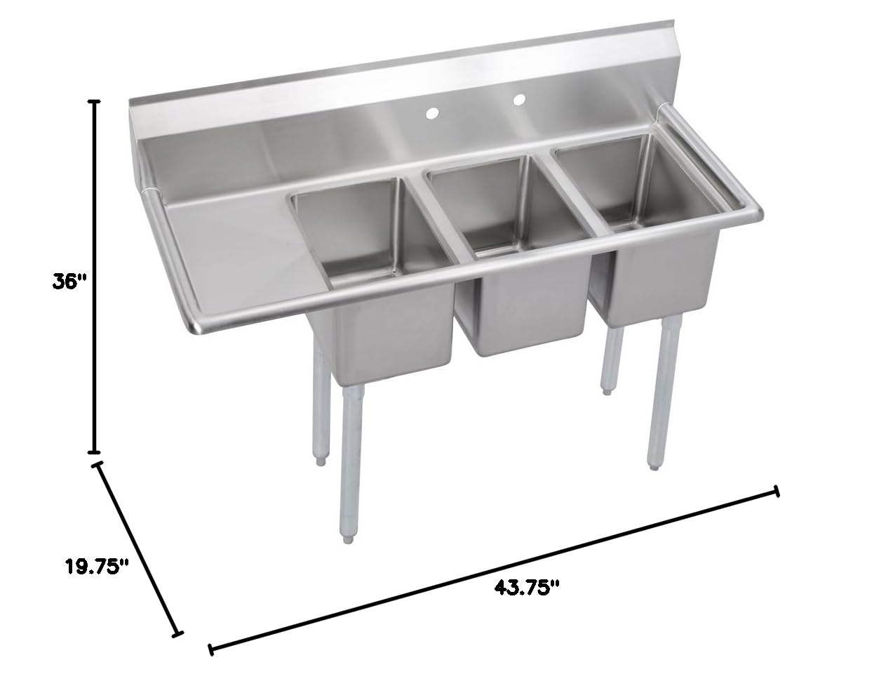 Elkay Foodservice 3 Compartment Sink, 48.5'X19.75' OA, 36' Working Height, 10X14 Bowl, 10 Deep, 10.75' Backsplash, Left 12 Drainboards, 8' Faucet Hole, Galvinized Legs, 16 Gauge Stainless Steel