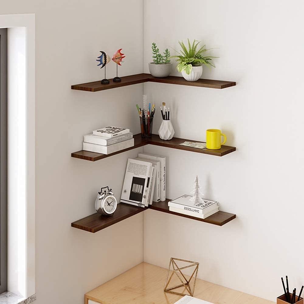 Floating Corner Shelves Wall Mounted Storage Display Decorative Rack for Kitchen Bedroom Living Room Office/Walnut Color/60X60Cm (Walnut Color 45X45Cm)