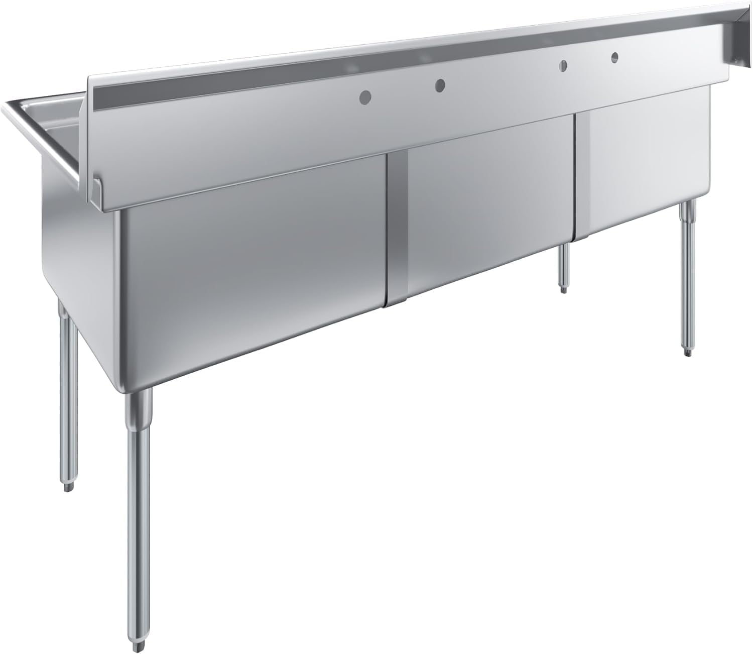 Three Compartment Stainless Steel Commercial Kitchen Prep & Utility Sink | Bowl Size 24' x 24' X 14' | NSF Certified (Size 78' x 30' x 43')