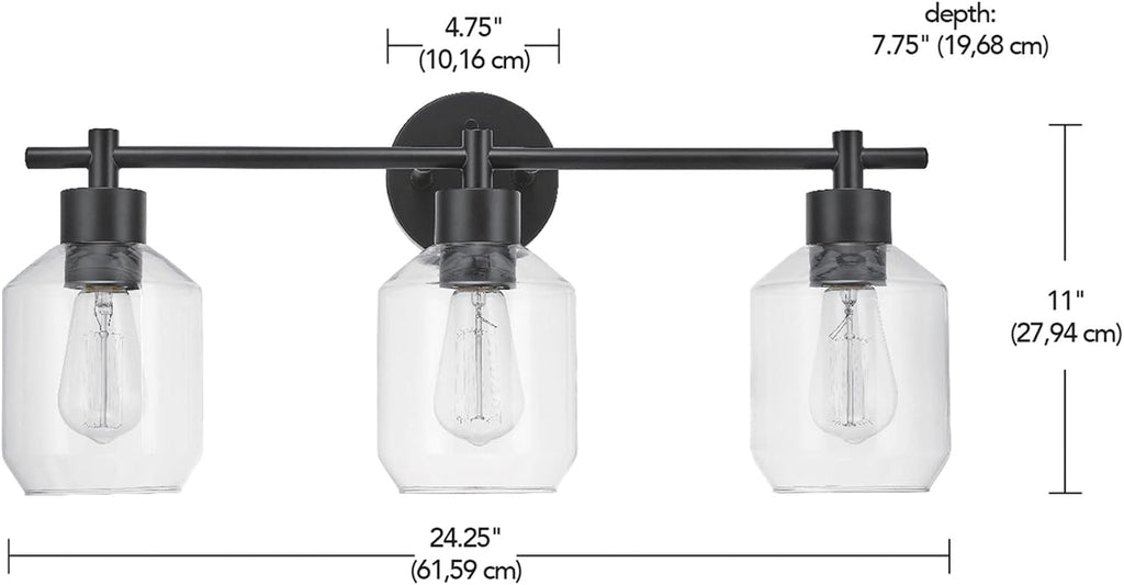 Globe Electric 65556 All-in-One 5-Piece Bathroom Set, Matte Black Finish, 3-Light Vanity with Clear Glass Shades, Towel Ring, Toilet Paper Holder, Robe Hook, and Towel Bar, Modern Bathroom Lighting