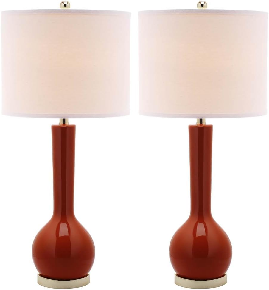 SAFAVIEH Lighting Collection Mae Long Neck Modern Contemporary Blood Orange Ceramic 31-inch Bedroom Living Room Home Office Desk Nightstand Table Lamp Set of 2 (LED Bulbs Included)