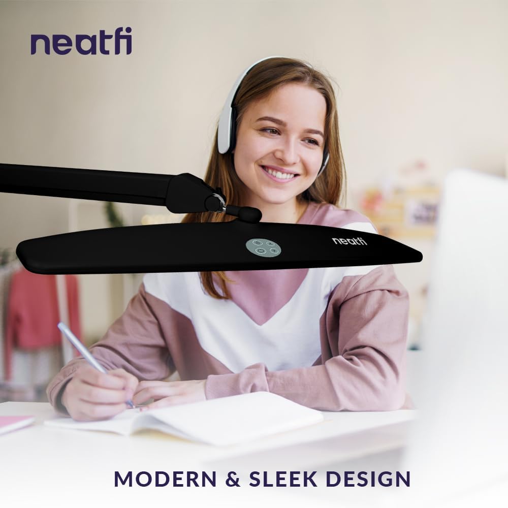Neatfi XL LED Desk Lamp | 20-Inch Wide Head (Black-2, CCT with Clamp)