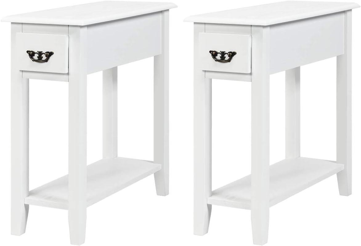 Tangkula Narrow End Table, Wood Small Side Table with Drawer & Open Shelf, Slim Nightstand for Small Spaces, Skinny Bedside Table for Living Room Bedroom, 9.8 x 23.6 x 23.6 Inches