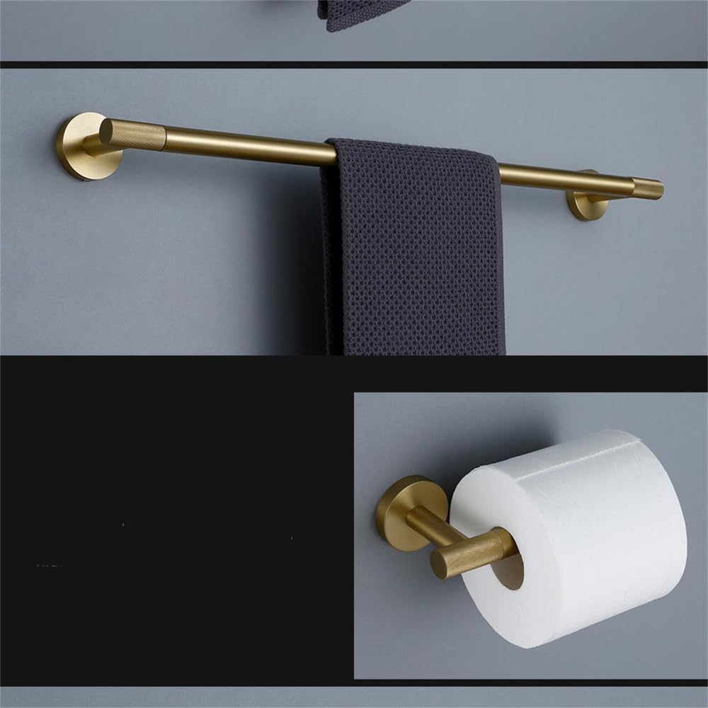 Gold Bathroom Hardware Accessories Set with Knurled Brass Finish Includes Towel Bar Towel Ring Robe Hook Paper Holder and Toilet Brush Holder (Kit 45)