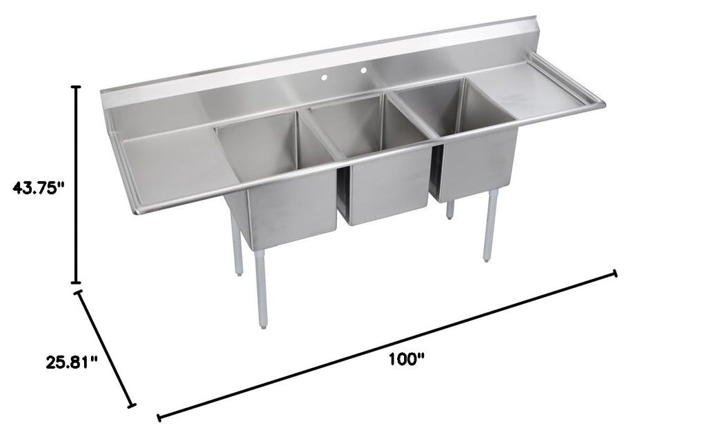 Elkay Foodservice 3 Compartment Sink, 100'X25.75' OA, 36' Working Height, 16X20 Bowl, 14 Deep, 9.75' Backsplash, Left & Right 24' Drainboards, 8' On Center Faucet Hole, Galvinized Legs, Adjustable Feet, 16 Gauge 300 Series Stainless Steel, NSF Certified