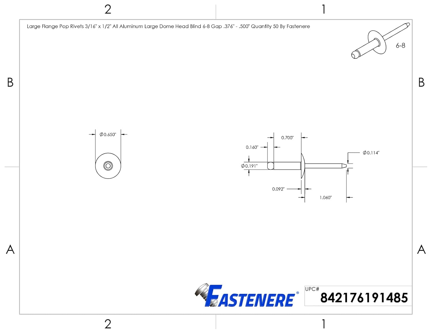 DIY Man - Large Flange Pop Rivets 3/16' x 1/2' Aluminum Dome Head (6-8) Blind Quantity 1000 D&J