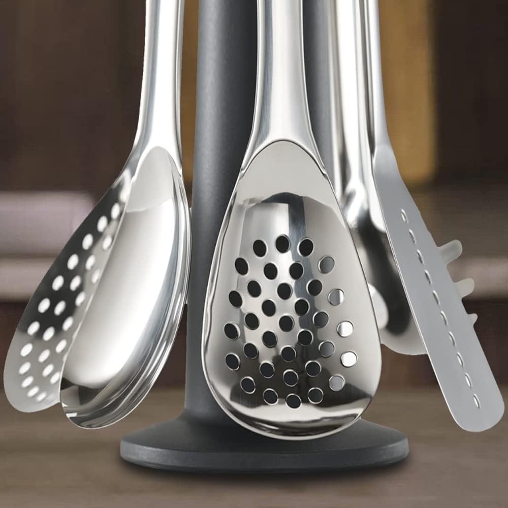 Kitchen Utensils Set, 6 PCS Stainless Steel Kitchen Utensils Set with 360° Rotating Stand, 520°F Heat Resistant Cooking Gadgets