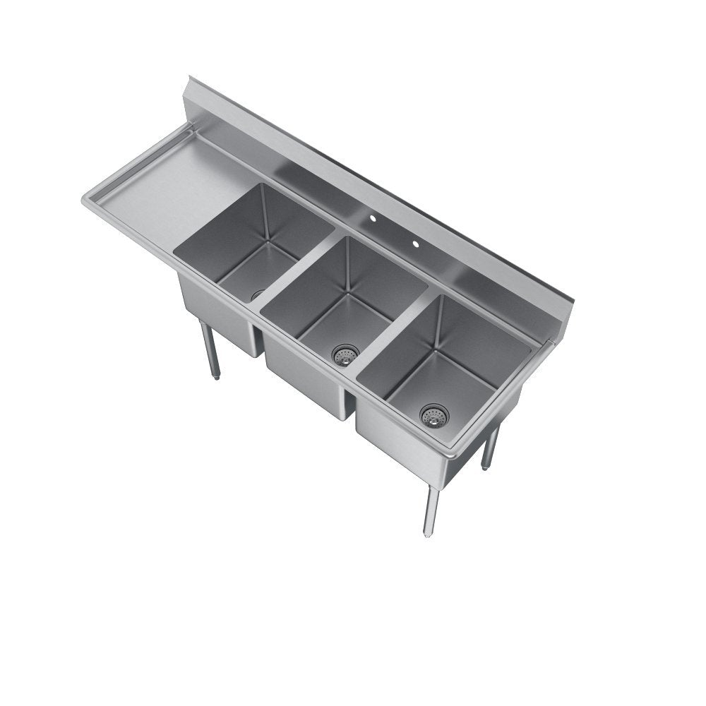 Elkay Foodservice 3 Compartment Sink, 58.5'X29.75' OA, 36' Working Height, 18X24 Bowl, 14 Deep, 9.75' Backsplash, Left 18' Drainboards, 8' On Center Faucet Hole, Galvinized Legs, Adjustable Feet, 16 Gauge 300 Series Stainless Steel, NSF Certified