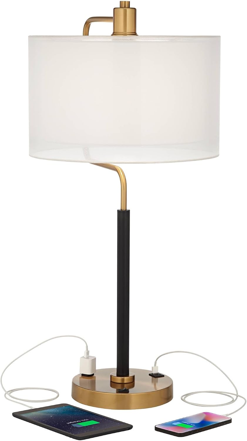Possini Euro Design Carlyle 30.5' Tall Desk Lamp with USB Charging Ports and Outlet Mid Century Modern Warm Gold Double Drum Shades - Living Room Bedroom House Bedside Nightstand Home Office Family