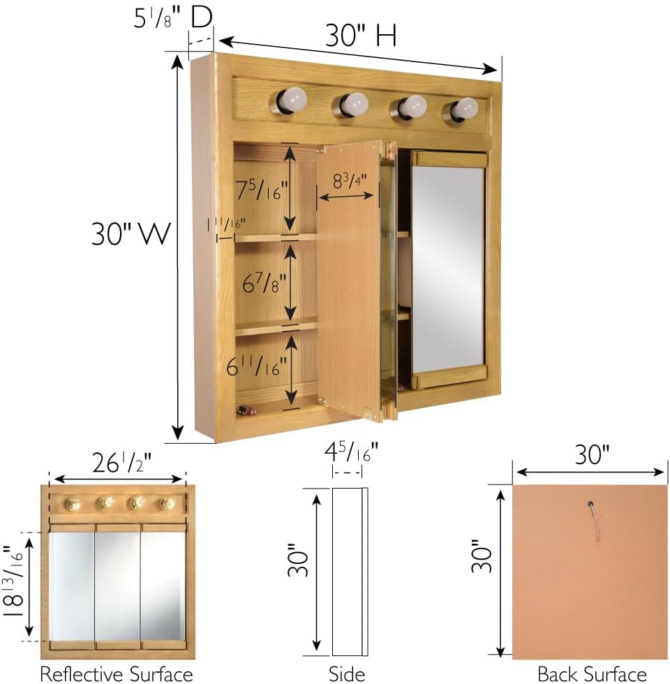 Design House Richland Medicine Cabinet with 4 Lights, Fully Assembled, Wall Mounted, 3 Mirrored Doors, Wood Frame, Oak Finish, 30 in x 5 in x 30 in, 530600-NOK