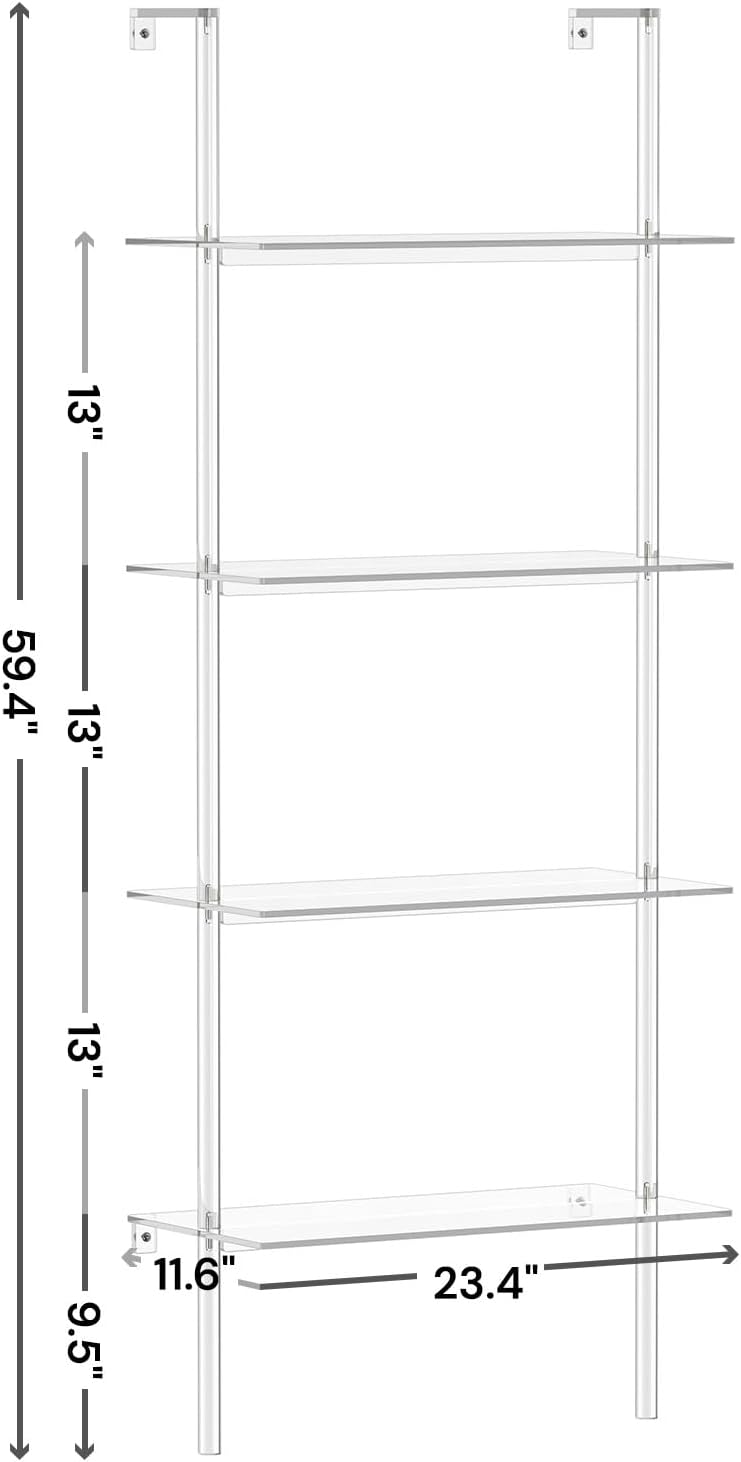 Acrylic Ladder Bookshelf, 4-Tier Clear Wall Mounted Bookshelf with Open Shelves, Multipurpose Bookcase for Living Room, Bathroom, Office, Modern, 11.6' D x 23.4' W x 59.4' H