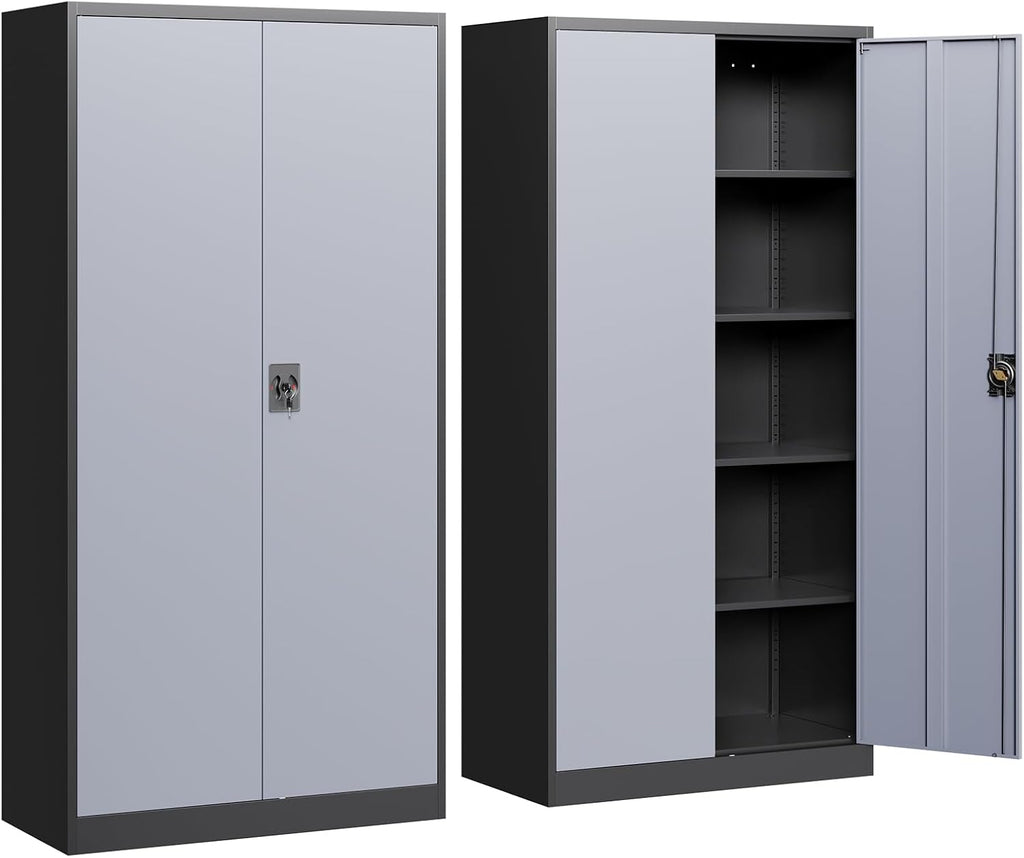 Yizosh Metal Garage Storage Cabinet with Lock, 72' Locking Tool Cabinets with 2 Doors and 4 Shelves, Heavy Duty File Cabinet for Office, School (Gray Black)