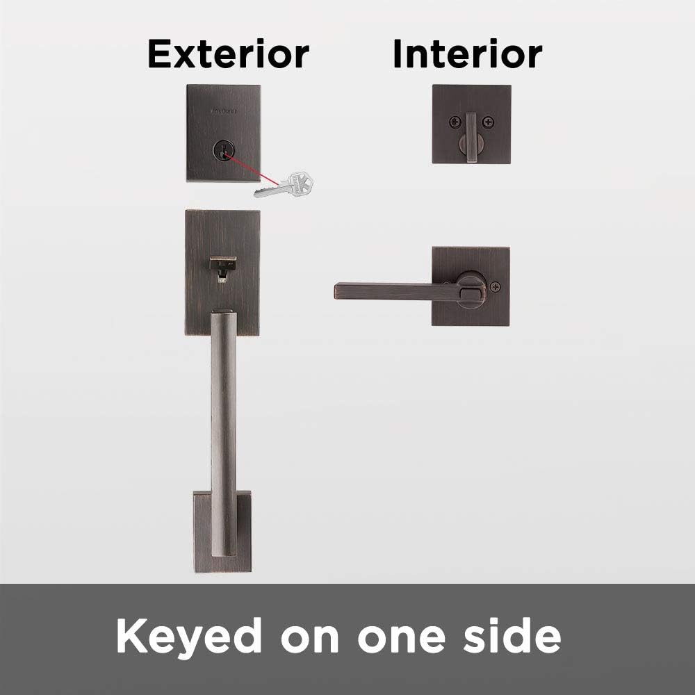 Kwikset San Clemente Front Door Lock Handle and Deadbolt Set, Entry Handleset Exterior with Interior Reversible Lever, Venetian Bronze, Pick Resistant SmartKey Rekey Deadbolt Security