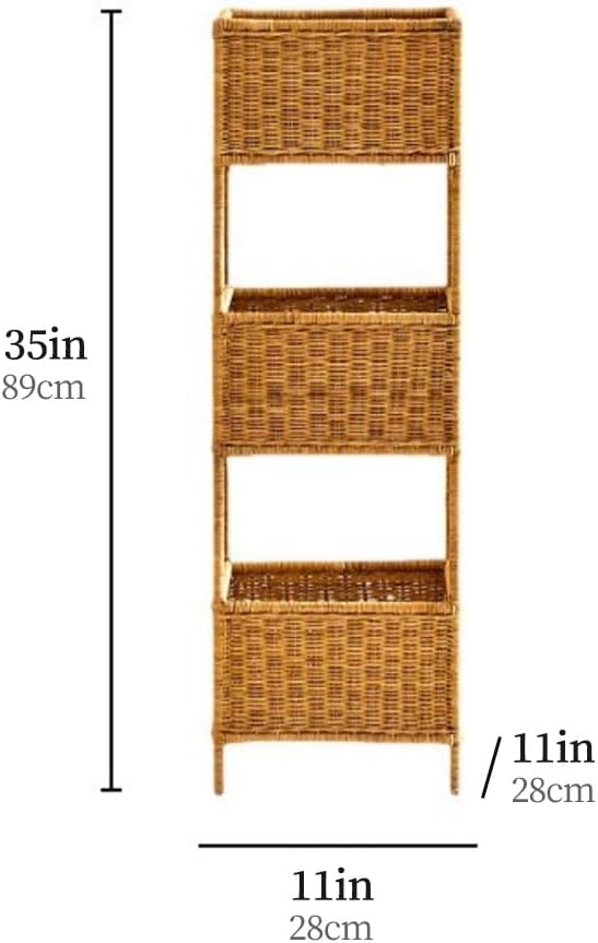 3 Tier Rattan Storage Rack, Hand-Woven Storage Shelves, Boho Basket Stand with Metal Frame, Rattan Corner Shelf for Living Room, Kitchen, Laundry, Bathroom