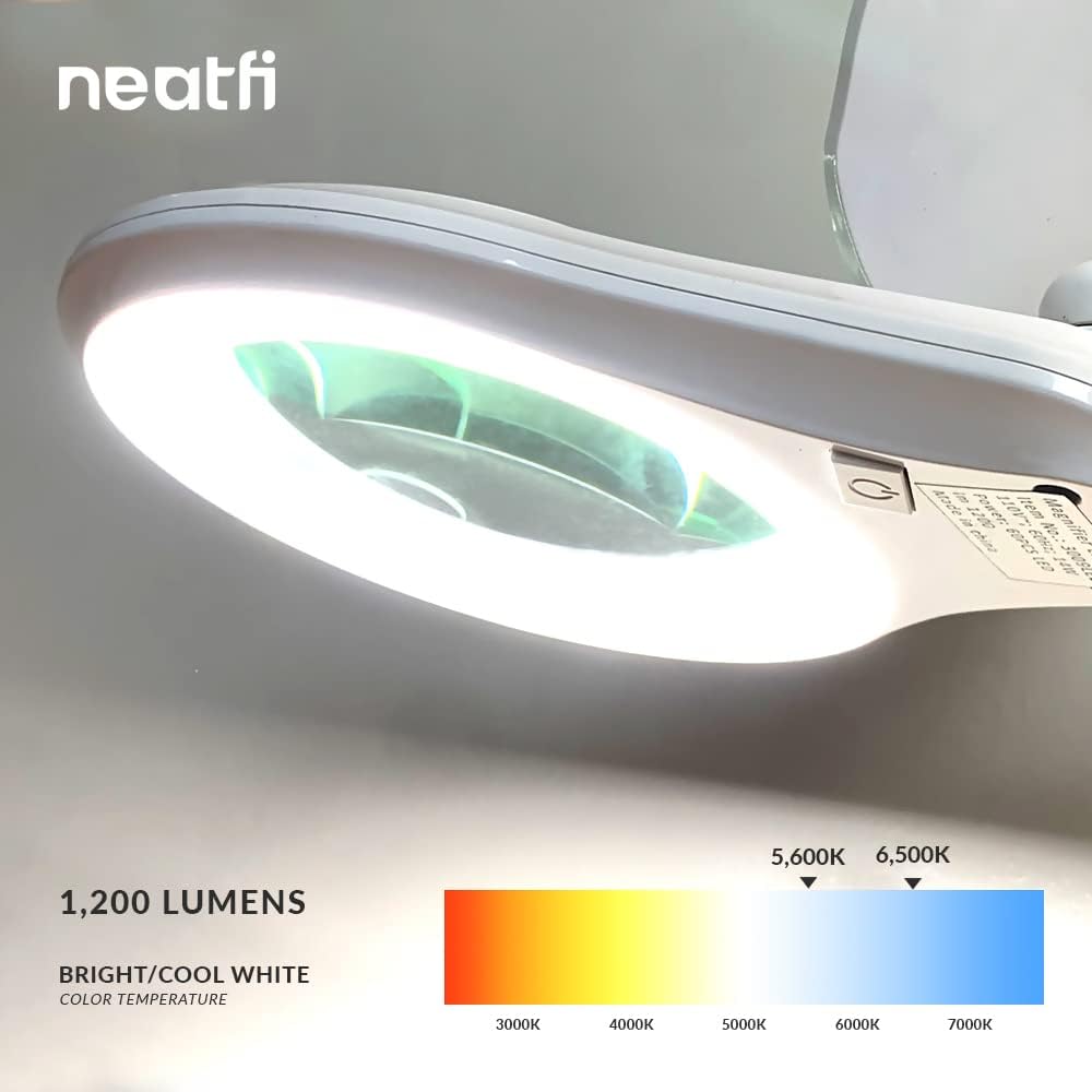 Neatfi LED Bifocal Magnifying Lamp 1,200 Lumens – 5' Glass Lens, Dual Magnification 3X/6X, Dimmable Task Light | Adjustable Arm with Clamp | Crafting, Jewelry & Reading (8 Diopter + 20 Diopter, White)