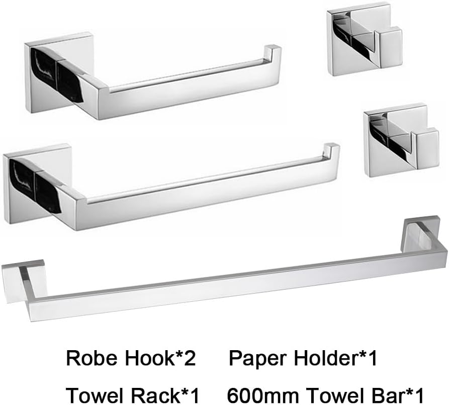 Bathroom Hardware Set Accessories Stainless Steel Black Shelf Robe Hook Hanger Long Towel Rail Bar Rack Tissue Paper Holder,5 Pieces Chrome