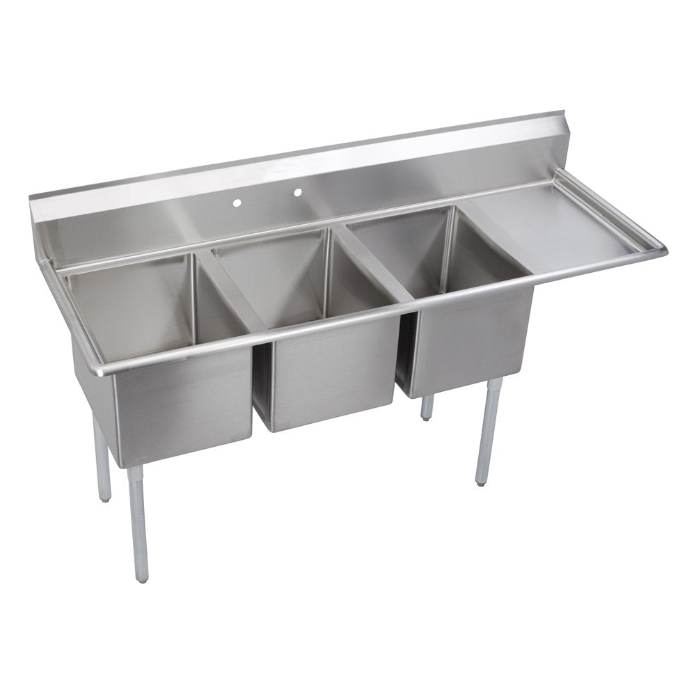 Elkay Foodservice 3 Compartment Sink, 54.5'X25.75' OA, 36' Working Height, 16X20 Bowl, 14 Deep, 9.75' Backsplash, Right 18' Drainboards, 8' On Center Faucet Hole, Galvinized Legs, Adjustable Feet, 16 Gauge 300 Series Stainless Steel, NSF Certified