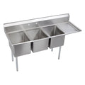 Elkay Foodservice 3 Compartment Sink, 54.5'X25.75' OA, 36' Working Height, 16X20 Bowl, 14 Deep, 9.75' Backsplash, Right 18' Drainboards, 8' On Center Faucet Hole, Galvinized Legs, Adjustable Feet, 16 Gauge 300 Series Stainless Steel, NSF Certified